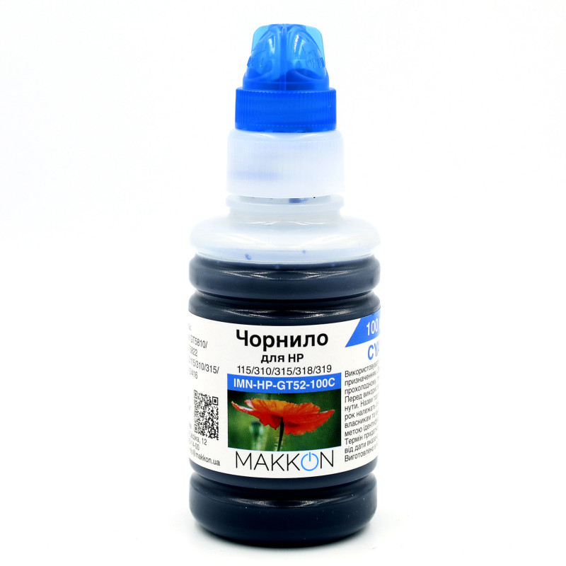 чорнило для HP Ink Tank 115/310/315/318/319 (M0H54AE) (GT52) 100 мл Makkon блакитне